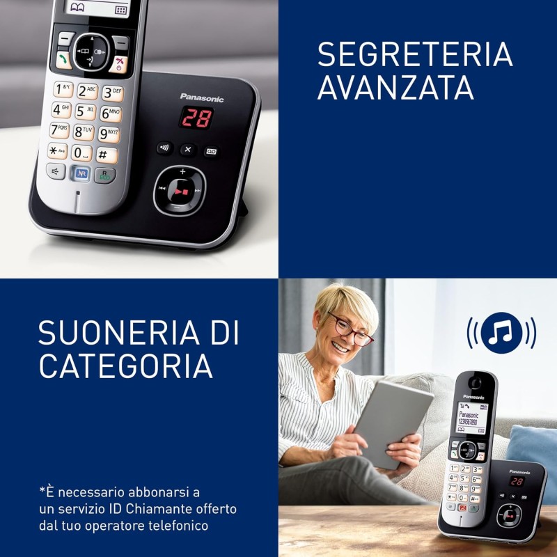 Panasonic KX-TG6861JTB Telefono Cordless Digitale con Segreteria Telefonica Digitale, Unità Base e Ricevitore Singolo, ID Chiamante, Blocco Chiamate, Blocco Chiamate Automatiche, Display LCD, Nero - Singolo Nero Panasonic KX-TG6861JTB Telefono Cordless Digitale con Segreteria Telefonica Digitale, Unità Base e Ricevitore Singolo, ID Chiamante, Blocco Chiamate, Blocco Chiamate Automatiche, Display LCD, Nero - Singolo Nero