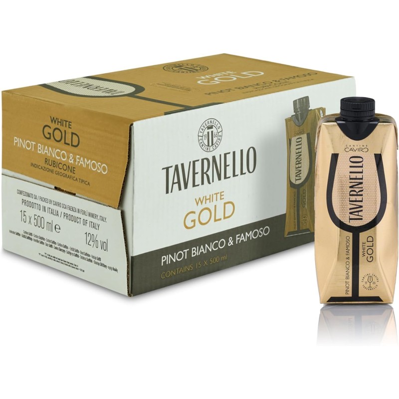 Tavernello White Gold Pinot Bianco Famoso Rubicone IGT, Vino Bianco Delicatamente Aromatico, 12% Vol, Confezione con 15 Brik da 500 ml - Bianco