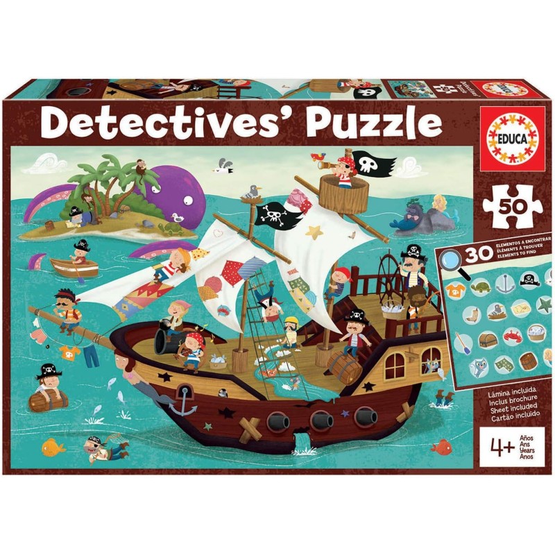 Educa - Detectives' puzzle. Nave Pirata. Puzzle Bambini 50 pezzi. Monta il puzzle e trova i 30 ojjetti persi. Raccomandato da 4 5 6 anni (18896)