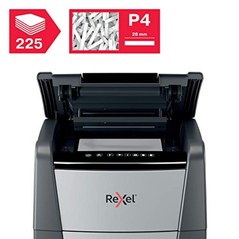 REXEL Optimum Auto Feed+ 225X, Distruggidocumenti Automatico, 225-248 Fogli (80-70 gr/mq), Taglio a Frammento, Livello di Sicurezza P-4, per Piccoli Uffici, Capacità 60 Litri, con Ruote, 2020225XEU - 225 Fogli