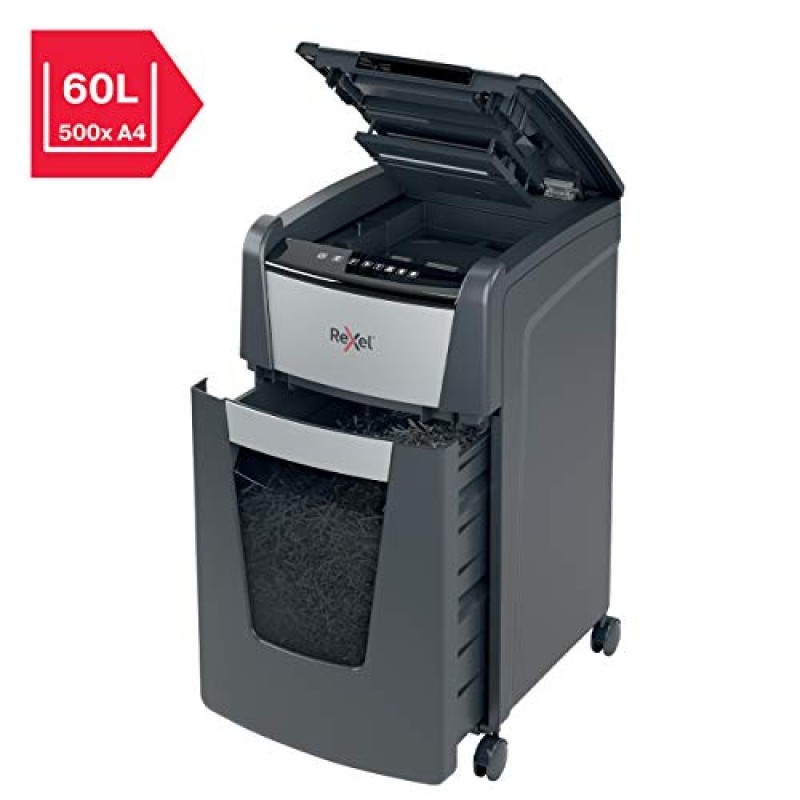 REXEL Optimum Auto Feed+ 225X, Distruggidocumenti Automatico, 225-248 Fogli (80-70 gr/mq), Taglio a Frammento, Livello di Sicurezza P-4, per Piccoli Uffici, Capacità 60 Litri, con Ruote, 2020225XEU - 225 Fogli
