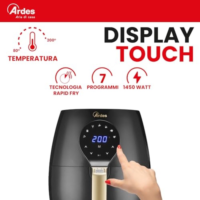 Ardes Eldorada Maxi AR1K33 - Friggitrice ad aria 5 litri - Airfryer con tecnologia Rapid Air - Air fryer 7 in 1, temperatura e timer regolabili, display digitale touch - 5 L Nero