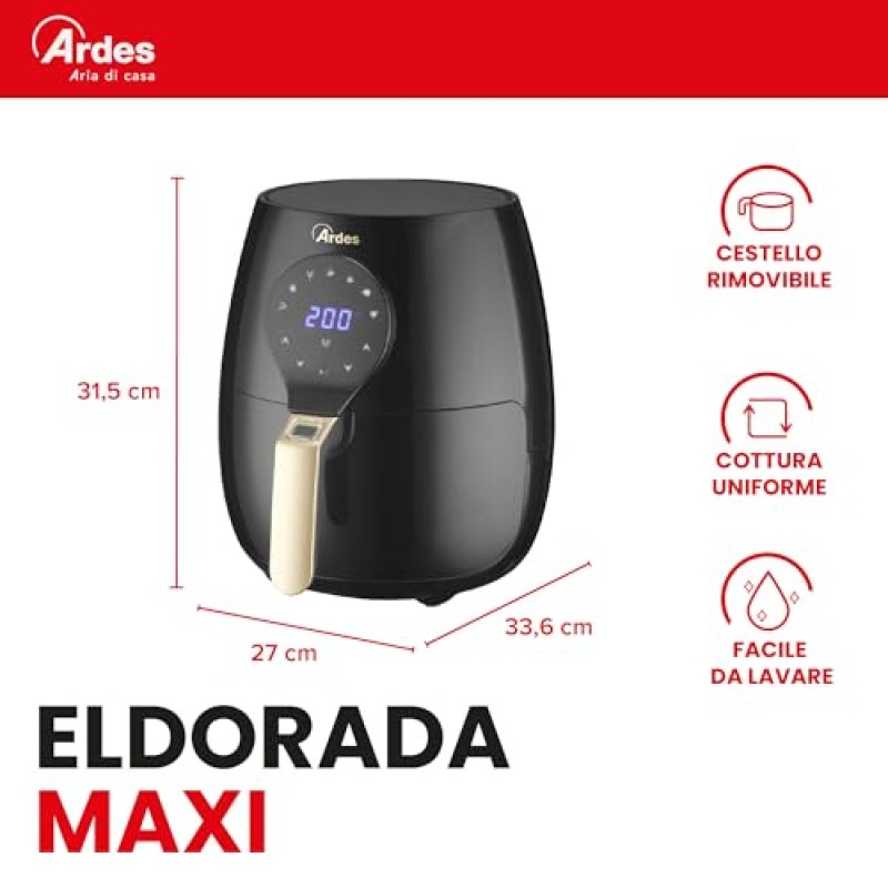 Ardes Eldorada Maxi AR1K33 - Friggitrice ad aria 5 litri - Airfryer con tecnologia Rapid Air - Air fryer 7 in 1, temperatura e timer regolabili, display digitale touch - 5 L Nero