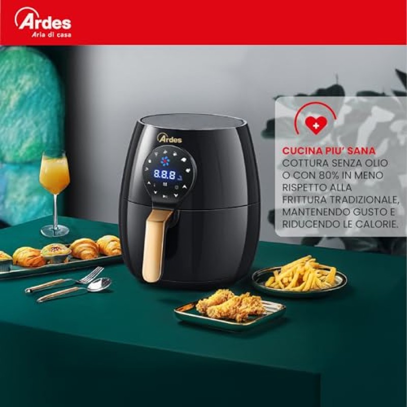 Ardes Eldorada Maxi AR1K33 - Friggitrice ad aria 5 litri - Airfryer con tecnologia Rapid Air - Air fryer 7 in 1, temperatura e timer regolabili, display digitale touch - 5 L Nero