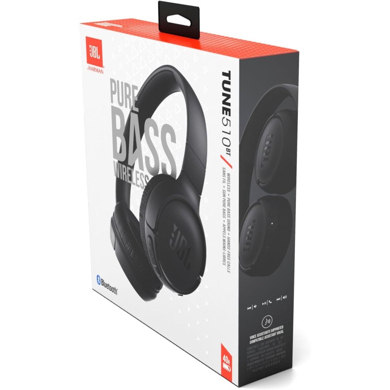 JBL Tune 510 BT Cuffie On-Ear Wireless, Bluetooth 5.0, Pieghevole, Microfono Integrato, Connessione Multipoint e ad Assistente Vocale, fino a 40 Ore di Autonomia e Ricarica Veloce, Nero - Nero