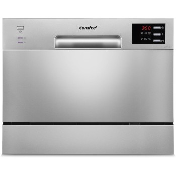 COMFEE' Lavastoviglie compatta da tavolo TD602E-S Mini lavastoviglie con 6 coperti, 6 programmi, display a LED, avvio ritardato e funzione di lavaggio nelle Ore non di Punta - Argento