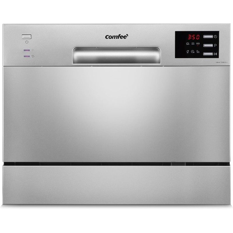 COMFEE' Lavastoviglie compatta da tavolo TD602E-S Mini lavastoviglie con 6 coperti, 6 programmi, display a LED, avvio ritardato e funzione di lavaggio nelle Ore non di Punta - Argento