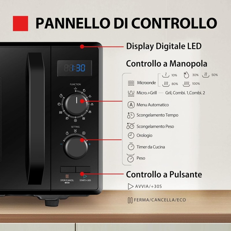 Toshiba 3-in-1 Forno a Microonde con Grill e Cottura combinata, 23 L, Piatto Girevole con Memoria di Posizione, Timer, Luci LED Integrate, Programma pizza, Nero - Nero