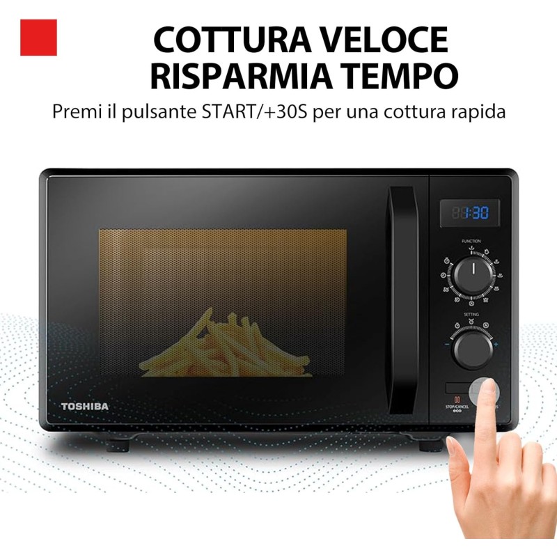 Toshiba 3-in-1 Forno a Microonde con Grill e Cottura combinata, 23 L, Piatto Girevole con Memoria di Posizione, Timer, Luci LED Integrate, Programma pizza, Nero - Nero