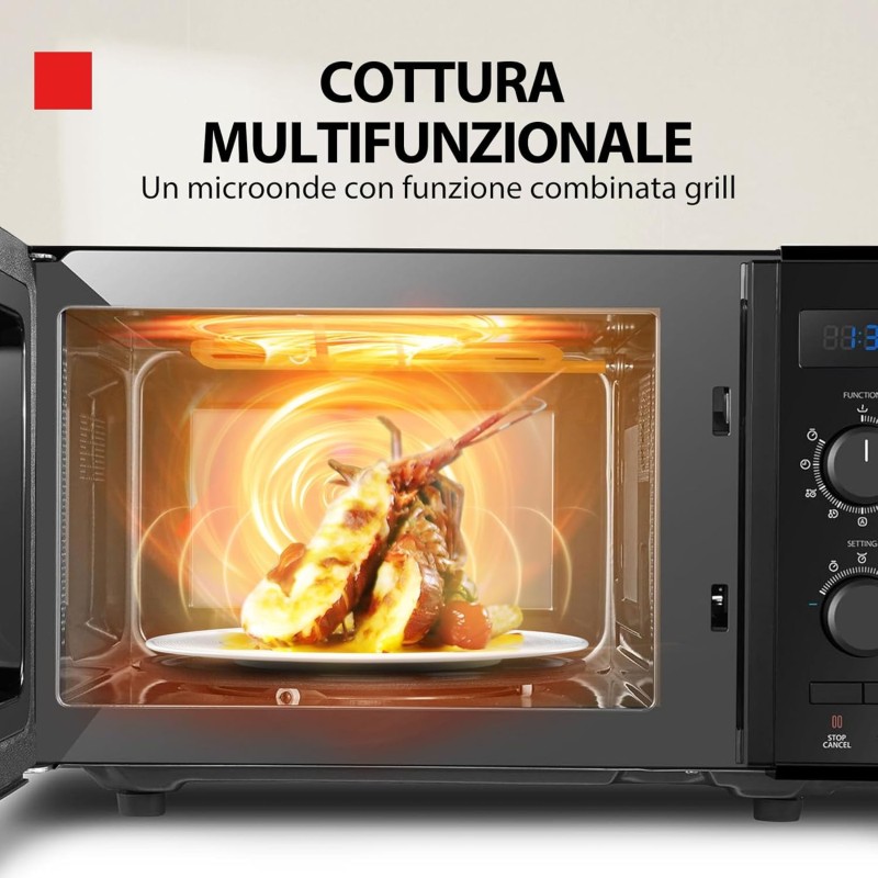 Toshiba 3-in-1 Forno a Microonde con Grill e Cottura combinata, 23 L, Piatto Girevole con Memoria di Posizione, Timer, Luci LED Integrate, Programma pizza, Nero - Nero