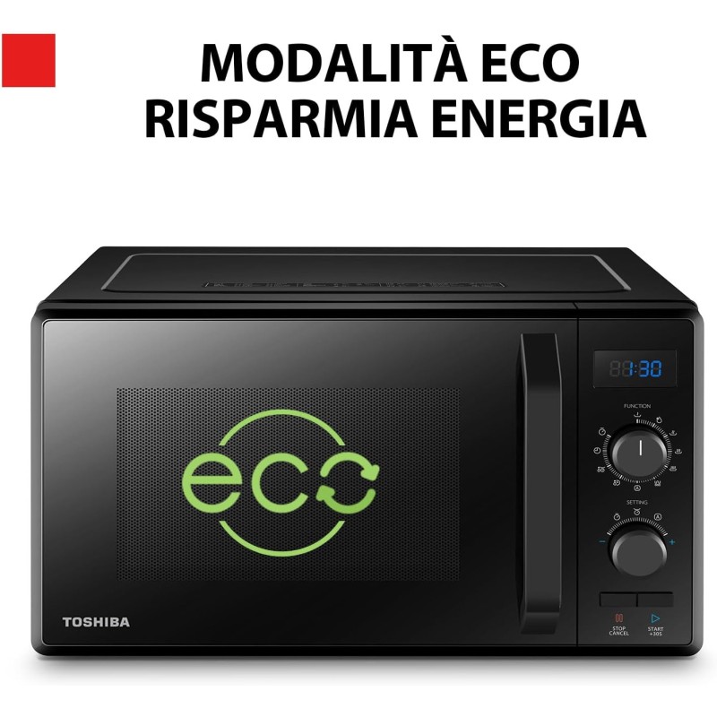 Toshiba 3-in-1 Forno a Microonde con Grill e Cottura combinata, 23 L, Piatto Girevole con Memoria di Posizione, Timer, Luci LED Integrate, Programma pizza, Nero - Nero