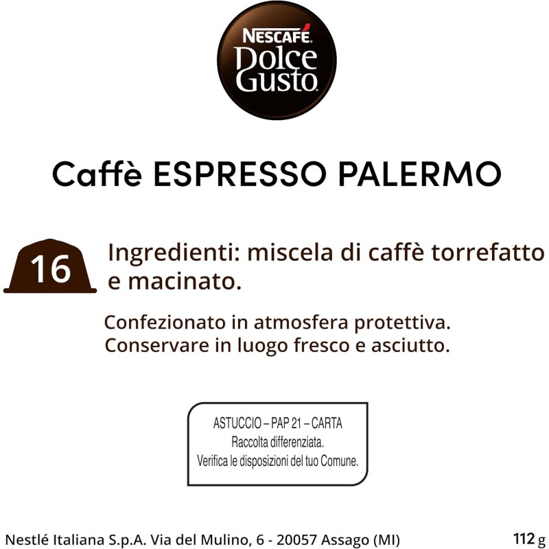 NESCAFÉ DOLCE GUSTO Espresso Palermo Caffè, 6 Confezioni da 16 capsule (96 capsule) - 16 unità (Confezione da 6)