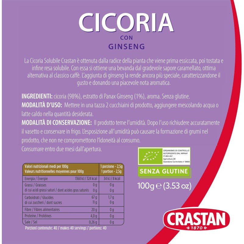 Crastan Cicoria & Ginseng Solubile - 6 vasetti da 100 gr - 100 g (Confezione da 6)
