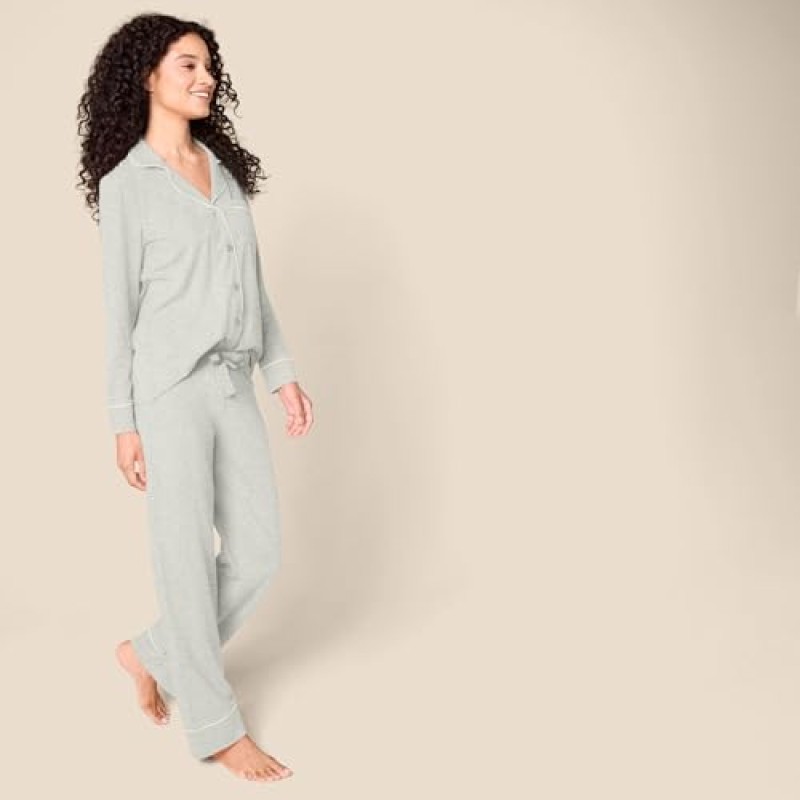 Amazon Essentials Donna Camicia a Maniche Lunghe in Modal di Cotone e Pigiama a Tutta Lunghezza - S Grigio Puntinato