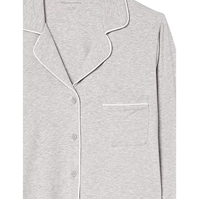 Amazon Essentials Donna Camicia a Maniche Lunghe in Modal di Cotone e Pigiama a Tutta Lunghezza - S Grigio Puntinato