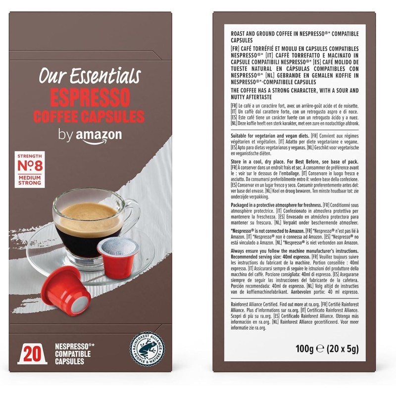 by Amazon Capsule Compatibili Nespresso in Confezione Mista Standard Caffè, tostatura media, 80 unità, 4 confezioni da 20 - Certificato Rainforest Alliance - 20 unità (Confezione da 4)