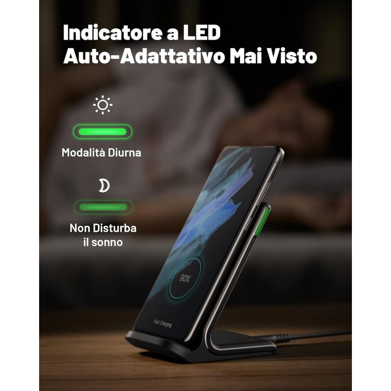 INIU Caricatore Wireless, [2 Pezzi] 15W Qi Certificato Ricarica Rapida Supporto di Ricarica Wireless con Luce adattiv per iPhone 13 12 Pro XR X Samsung Galaxy S21 S20 Airpods Xiaomi Huawei ecc. - 2 pezzi Nero