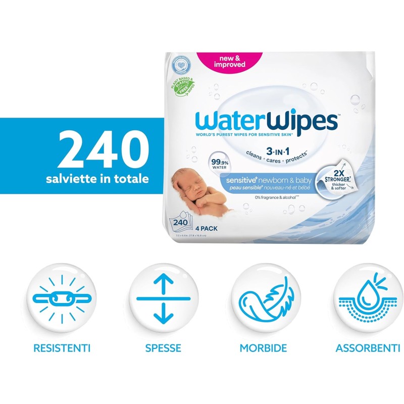 WaterWipes Sensitive+ Newborn & Baby Wipes, 240 Pezzi (4 Confezioni), Deterge, Cura, Protegge, 99,9% Acqua, Senza Profumo - 240 unità (Confezione da 1) WaterWipes Sensitive+ Newborn & Baby Wipes, 240 Pezzi (4 Confezioni), Deterge, Cura, Protegge, 99,9% Acqua, Senza Profumo - 240 unità (Confezione da 1)