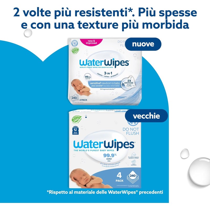 WaterWipes Sensitive+ Newborn & Baby Wipes, 240 Pezzi (4 Confezioni), Deterge, Cura, Protegge, 99,9% Acqua, Senza Profumo - 240 unità (Confezione da 1) WaterWipes Sensitive+ Newborn & Baby Wipes, 240 Pezzi (4 Confezioni), Deterge, Cura, Protegge, 99,9% Acqua, Senza Profumo - 240 unità (Confezione da 1)