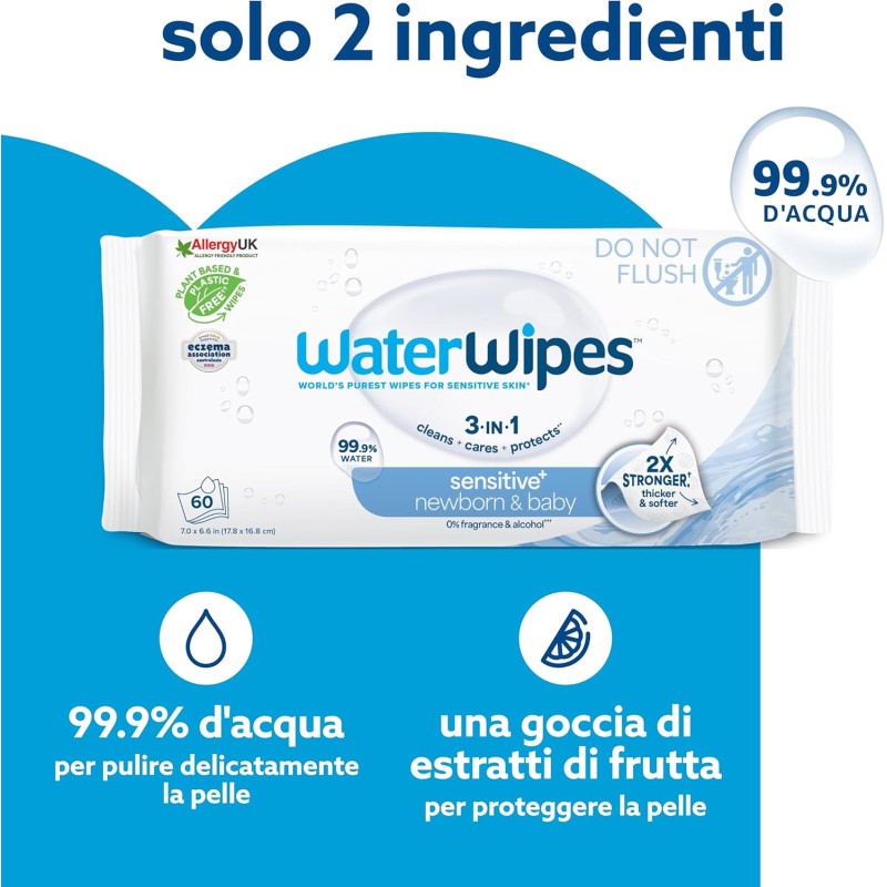 WaterWipes Sensitive+ Newborn & Baby Wipes, 240 Pezzi (4 Confezioni), Deterge, Cura, Protegge, 99,9% Acqua, Senza Profumo - 240 unità (Confezione da 1) WaterWipes Sensitive+ Newborn & Baby Wipes, 240 Pezzi (4 Confezioni), Deterge, Cura, Protegge, 99,9% Acqua, Senza Profumo - 240 unità (Confezione da 1)
