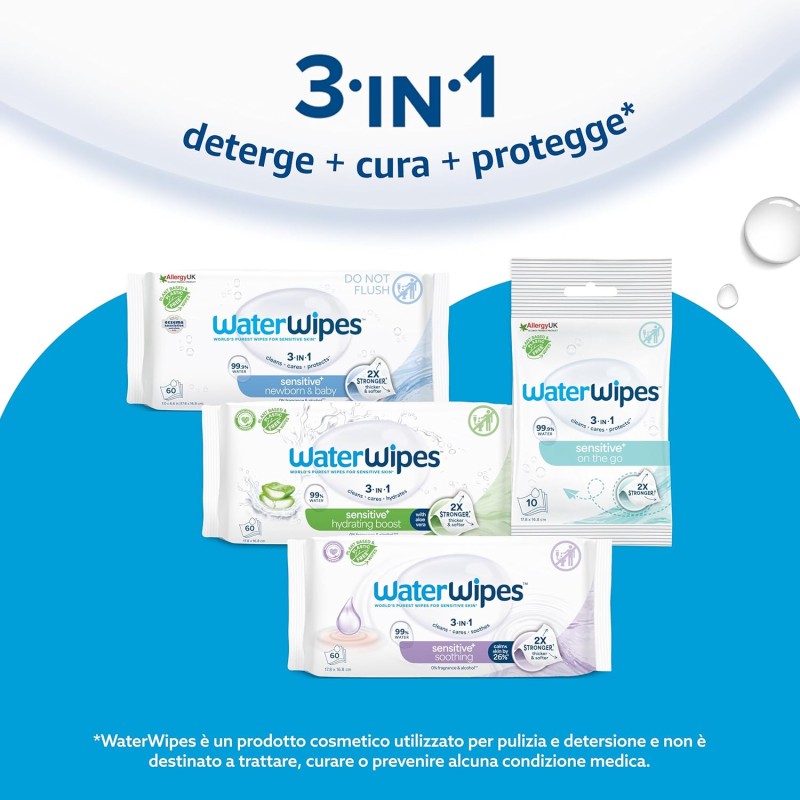 WaterWipes Sensitive+ Newborn & Baby Wipes, 240 Pezzi (4 Confezioni), Deterge, Cura, Protegge, 99,9% Acqua, Senza Profumo - 240 unità (Confezione da 1) WaterWipes Sensitive+ Newborn & Baby Wipes, 240 Pezzi (4 Confezioni), Deterge, Cura, Protegge, 99,9% Acqua, Senza Profumo - 240 unità (Confezione da 1)