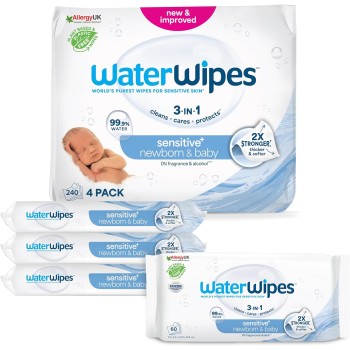 WaterWipes Sensitive+ Newborn & Baby Wipes, 240 Pezzi (4 Confezioni), Deterge, Cura, Protegge, 99,9% Acqua, Senza Profumo - 240 unità (Confezione da 1)