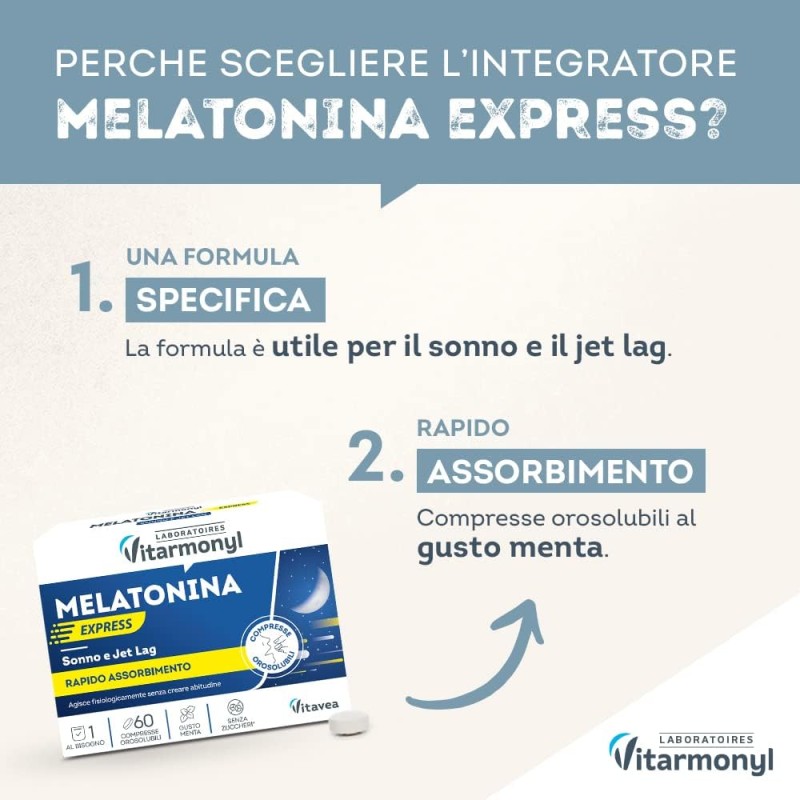 Melatonina Express - Integratore alimentare per il Sonno e il Jet Lag - Melatonina per Dormire - Gusto Menta - Senza Zuccheri - Confezione da 60 compresse orosolubili - Vitarmonyl - 60 Unità (Confezione da 1)