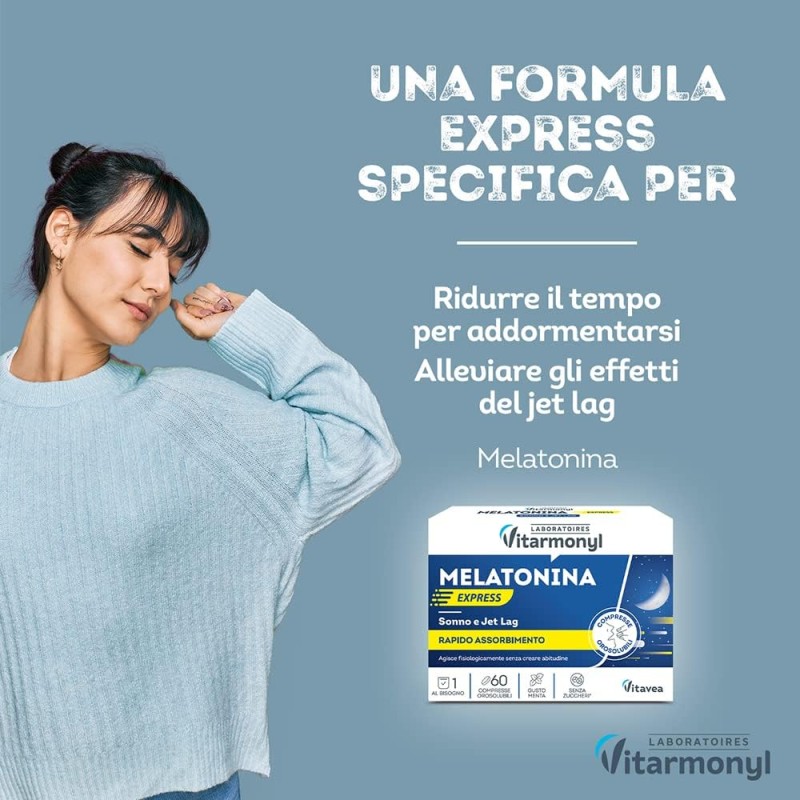 Melatonina Express - Integratore alimentare per il Sonno e il Jet Lag - Melatonina per Dormire - Gusto Menta - Senza Zuccheri - Confezione da 60 compresse orosolubili - Vitarmonyl - 60 Unità (Confezione da 1)