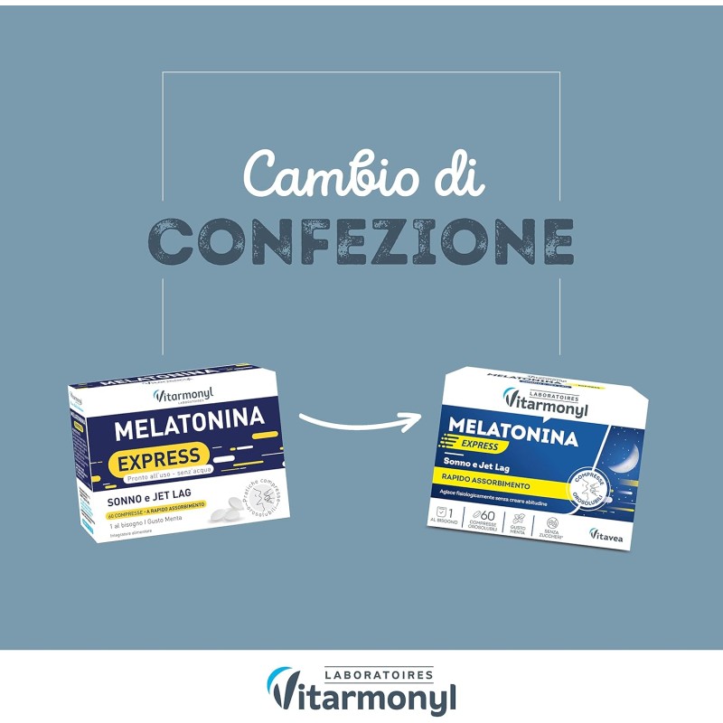 Melatonina Express - Integratore alimentare per il Sonno e il Jet Lag - Melatonina per Dormire - Gusto Menta - Senza Zuccheri - Confezione da 60 compresse orosolubili - Vitarmonyl - 60 Unità (Confezione da 1)