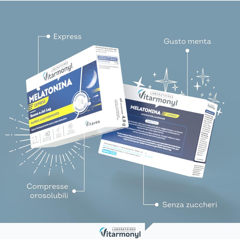 Melatonina Express - Integratore alimentare per il Sonno e il Jet Lag - Melatonina per Dormire - Gusto Menta - Senza Zuccheri - Confezione da 60 compresse orosolubili - Vitarmonyl - 60 Unità (Confezione da 1)