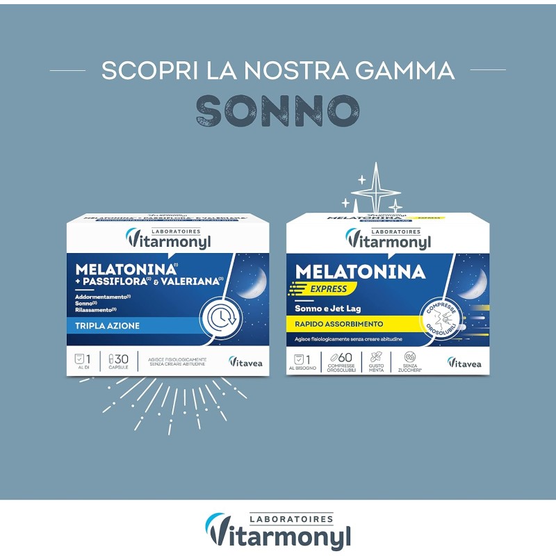 Melatonina Express - Integratore alimentare per il Sonno e il Jet Lag - Melatonina per Dormire - Gusto Menta - Senza Zuccheri - Confezione da 60 compresse orosolubili - Vitarmonyl - 60 Unità (Confezione da 1)
