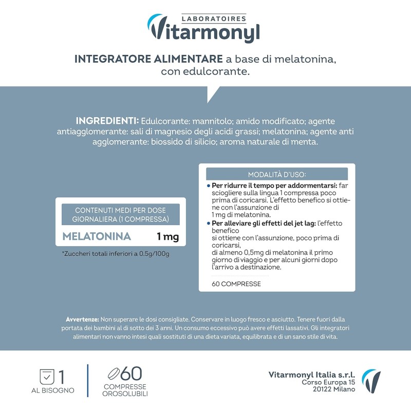 Melatonina Express - Integratore alimentare per il Sonno e il Jet Lag - Melatonina per Dormire - Gusto Menta - Senza Zuccheri - Confezione da 60 compresse orosolubili - Vitarmonyl - 60 Unità (Confezione da 1)