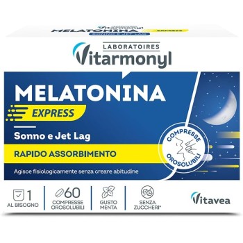 Melatonina Express - Integratore alimentare per il Sonno e il Jet Lag - Melatonina per Dormire - Gusto Menta - Senza Zuccheri - Confezione da 60 compresse orosolubili - Vitarmonyl - 60 Unità (Confezione da 1)