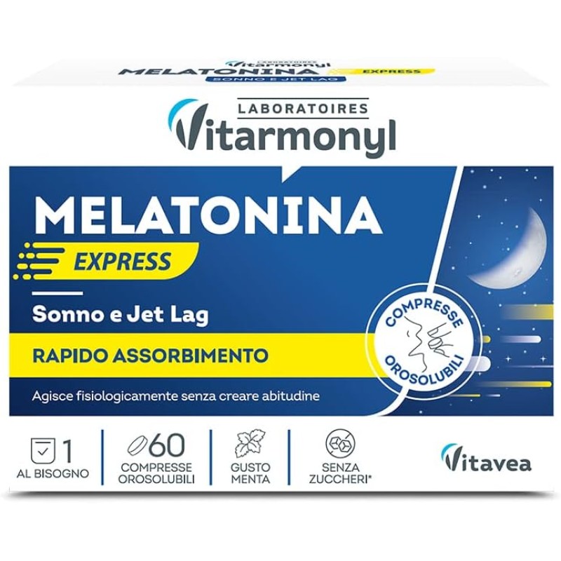 Melatonina Express - Integratore alimentare per il Sonno e il Jet Lag - Melatonina per Dormire - Gusto Menta - Senza Zuccheri - Confezione da 60 compresse orosolubili - Vitarmonyl - 60 Unità (Confezione da 1)