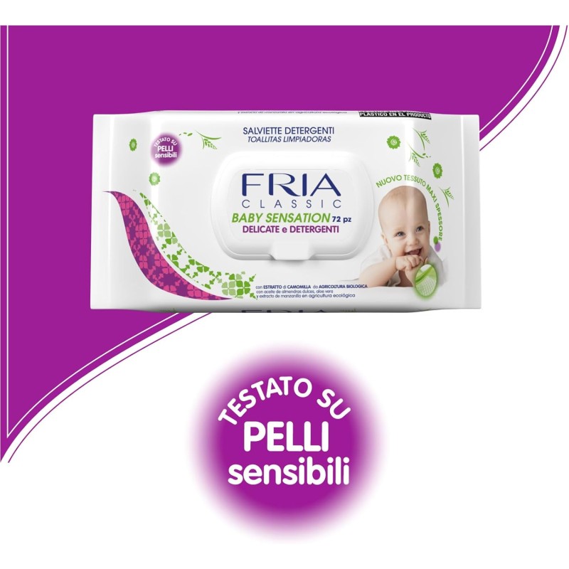 Salviette per Bambini e Neonati - Con Estratto di Camomilla - Testate su Pelli Sensibili - Formato: 72 Salviette - Baby Sensation Classic con Coperchio – FRIA - 72 unità (Confezione da 1) Salviette per Bambini e Neonati - Con Estratto di Camomilla - Testate su Pelli Sensibili - Formato: 72 Salviette - Baby Sensation Classic con Coperchio – FRIA - 72 unità (Confezione da 1)
