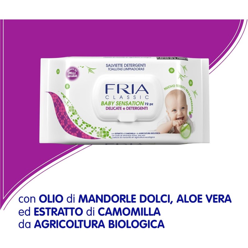 Salviette per Bambini e Neonati - Con Estratto di Camomilla - Testate su Pelli Sensibili - Formato: 72 Salviette - Baby Sensation Classic con Coperchio – FRIA - 72 unità (Confezione da 1) Salviette per Bambini e Neonati - Con Estratto di Camomilla - Testate su Pelli Sensibili - Formato: 72 Salviette - Baby Sensation Classic con Coperchio – FRIA - 72 unità (Confezione da 1)