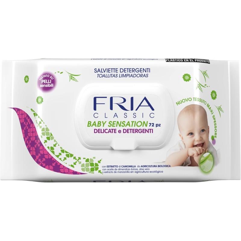 Salviette per Bambini e Neonati - Con Estratto di Camomilla - Testate su Pelli Sensibili - Formato: 72 Salviette - Baby Sensation Classic con Coperchio – FRIA - 72 unità (Confezione da 1) Salviette per Bambini e Neonati - Con Estratto di Camomilla - Testate su Pelli Sensibili - Formato: 72 Salviette - Baby Sensation Classic con Coperchio – FRIA - 72 unità (Confezione da 1)