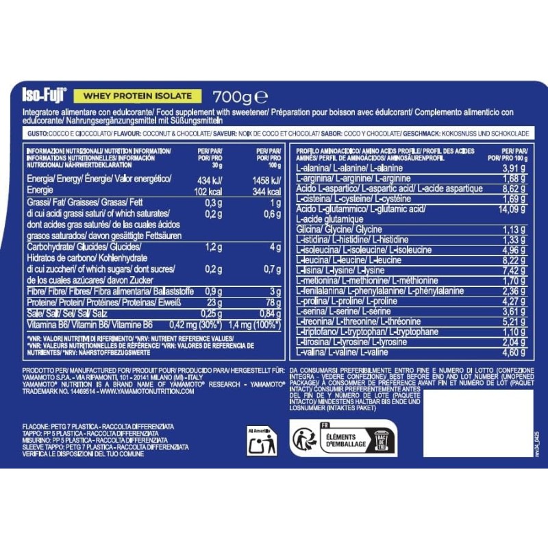 YAMAMOTO Nutrition, Iso-Fuji Volactive 700 gr, Integratore di Proteine del Siero del Latte Isolate Ultrafiltrate, Proteine in Polvere Isolate, Gusto Cocco e Cioccolato - 23 Porzioni (Confezione da 1) YAMAMOTO Nutrition, Iso-Fuji Volactive 700 gr, Integratore di Proteine del Siero del Latte Isolate Ultrafiltrate, Proteine in Polvere Isolate, Gusto Cocco e Cioccolato - 23 Porzioni (Confezione da 1)