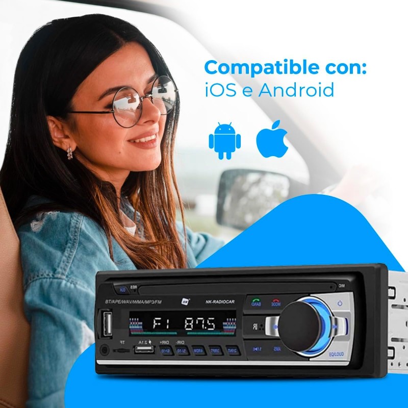 NK Autoradio Bluetooth 4.0 - 1 DIN - 4x40W - Funzione AUX, lettore MP3 e doppia porta USB, suono stereo FM, chiamate in vivavoce, telecomando, display LCD, iOS e Android