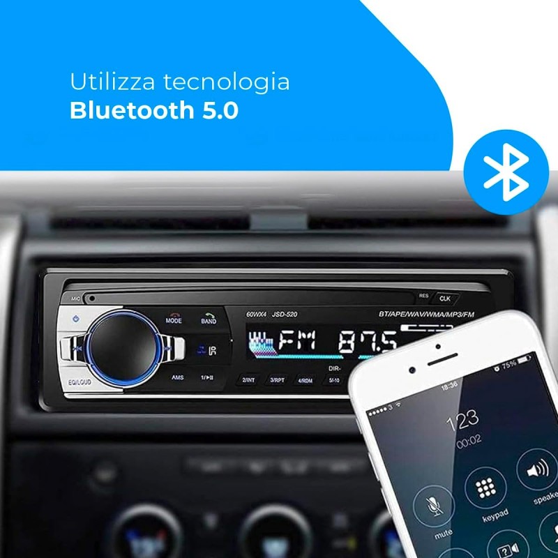 NK Autoradio Bluetooth 4.0 - 1 DIN - 4x40W - Funzione AUX, lettore MP3 e doppia porta USB, suono stereo FM, chiamate in vivavoce, telecomando, display LCD, iOS e Android