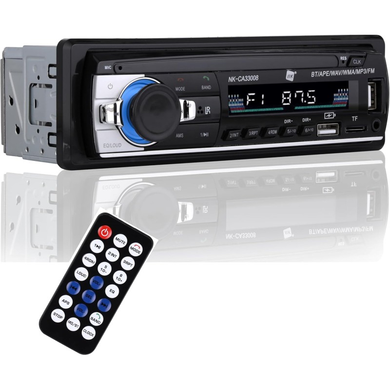 NK Autoradio Bluetooth 4.0 - 1 DIN - 4x40W - Funzione AUX, lettore MP3 e doppia porta USB, suono stereo FM, chiamate in vivavoce, telecomando, display LCD, iOS e Android