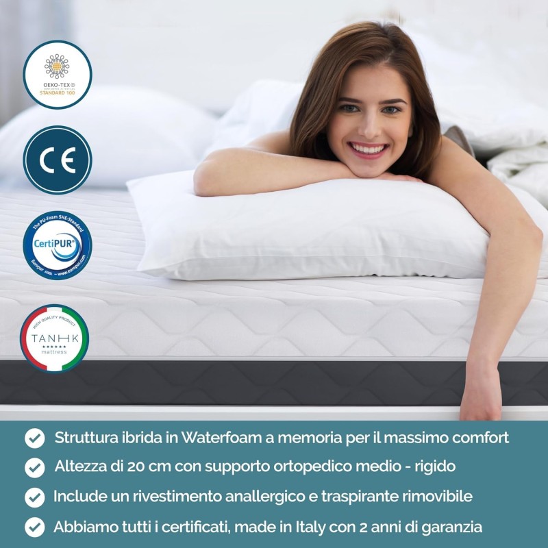 TANHK Materasso Memory Made in Italy | Ortopedico Medio Rigido | Sistema di Alleviamento dei Punti di Pressione | Anallergico, Antibatterico e Antiacaro | Traspirante (Materasso Memory, 90 x 190) - 90 x 190