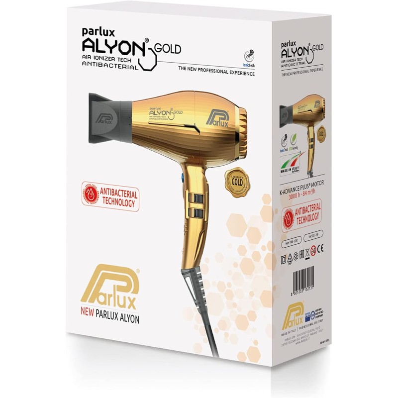 Parlux Alyon Gold – Asciugacapelli Professionale con Ioni Negativi - Made in Italy - Gold