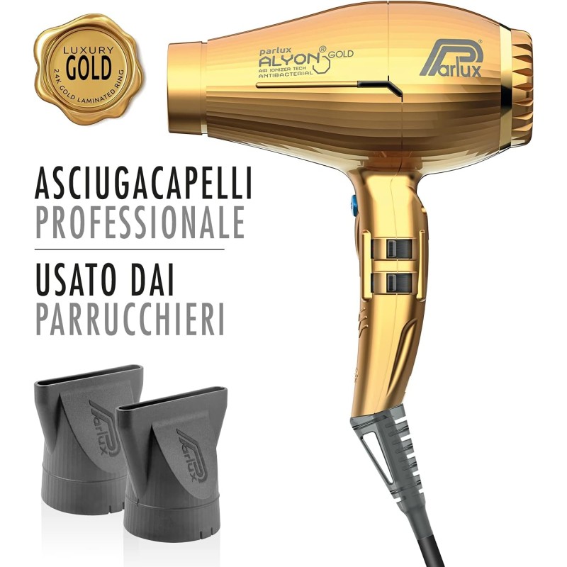 Parlux Alyon Gold – Asciugacapelli Professionale con Ioni Negativi - Made in Italy - Gold