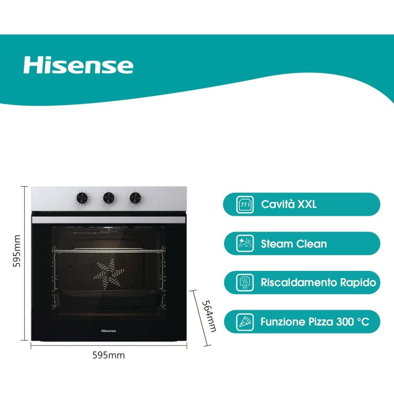 Hisense BI61111AX Forno Multifunzione Termoventilato, Cavità XXL 77L, 12 Funzioni, Pulizia Acqua Clean, Classe A, Timer di Fine Cottura, Preriscaldamento Rapido, Funzione Pizza 300 °C, Cottura AirFry