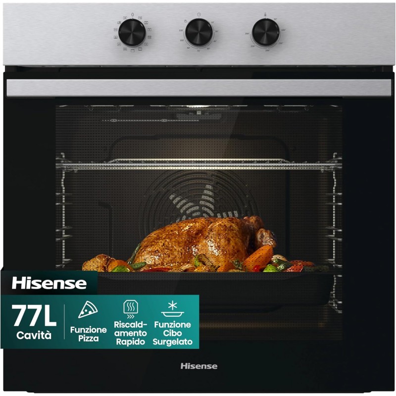 Hisense BI61111AX Forno Multifunzione Termoventilato, Cavità XXL 77L, 12 Funzioni, Pulizia Acqua Clean, Classe A, Timer di Fine Cottura, Preriscaldamento Rapido, Funzione Pizza 300 °C, Cottura AirFry