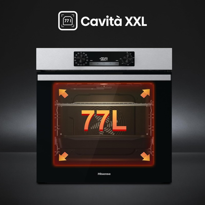 Hisense BI64211PX, Forno Multifunzione Termoventilato, Cavità XXL 77L , Auto Pulizia Pirolitica, 13 funzioni di cottura, Funzione pizza 300°C, Cottura AirFry, Cottura Multifase, Display Led