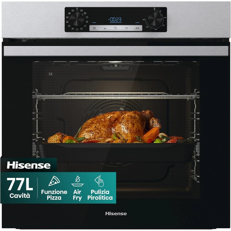 Hisense BI64211PX, Forno Multifunzione Termoventilato, Cavità XXL 77L , Auto Pulizia Pirolitica, 13 funzioni di cottura, Funzione pizza 300°C, Cottura AirFry, Cottura Multifase, Display Led