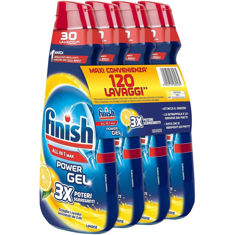 Finish Powergel Gel Detersivo per Lavastoviglie Liquido, Multiazione, Poteri Sgrassanti, Gel Lavastoglie al Limone, 120 Lavaggi, 4 Confezioni da 30 Lavaggi Finish Powergel Gel Detersivo per Lavastoviglie Liquido, Multiazione, Poteri Sgrassanti, Gel Lavastoglie al Limone, 120 Lavaggi, 4 Confezioni da 30 Lavaggi