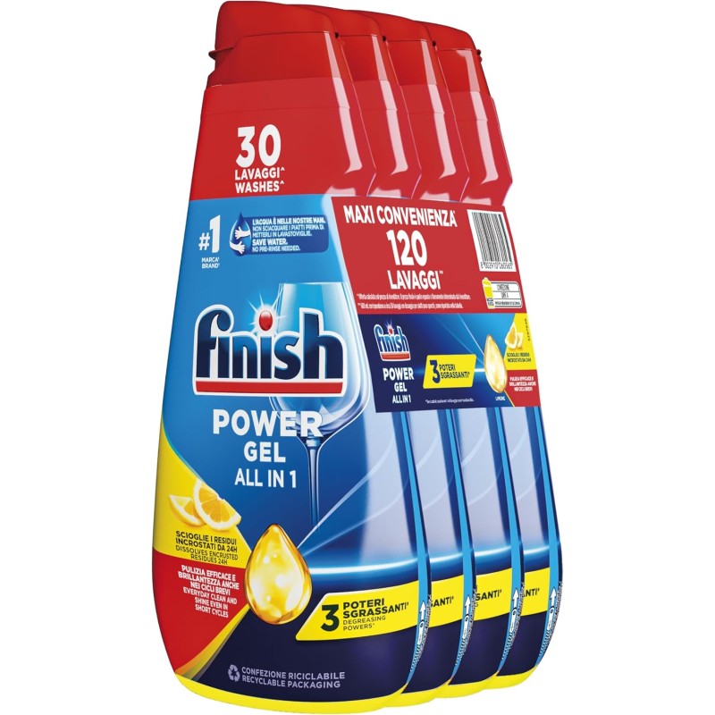 Finish Powergel Gel Detersivo per Lavastoviglie Liquido, Multiazione, Poteri Sgrassanti, Gel Lavastoglie al Limone, 120 Lavaggi, 4 Confezioni da 30 Lavaggi Finish Powergel Gel Detersivo per Lavastoviglie Liquido, Multiazione, Poteri Sgrassanti, Gel Lavastoglie al Limone, 120 Lavaggi, 4 Confezioni da 30 Lavaggi